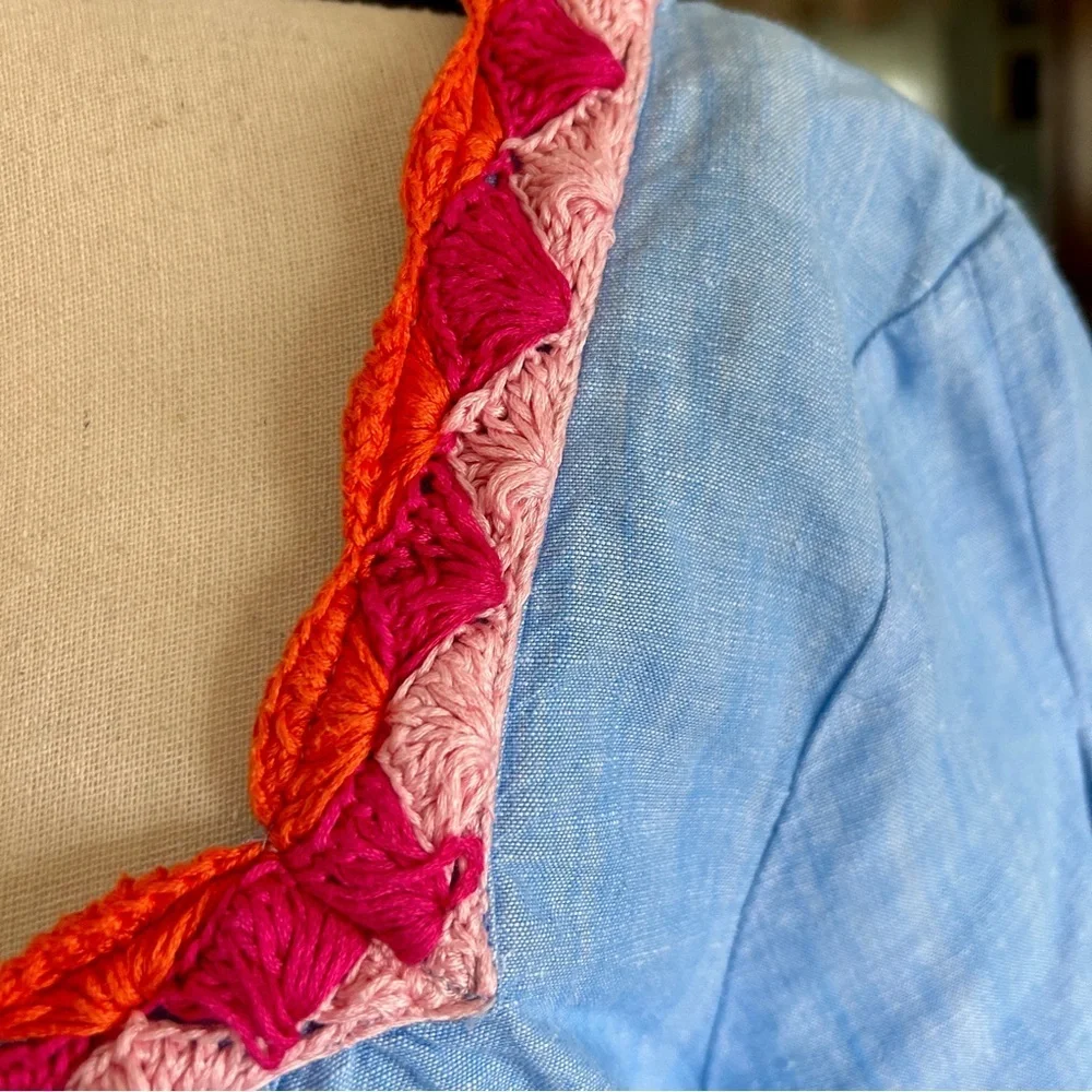 Talbots Blue Linen Top Crochet Trim Pink Coral Short Tie Sleeve Blouse size 2XP - Picture 5 of 16